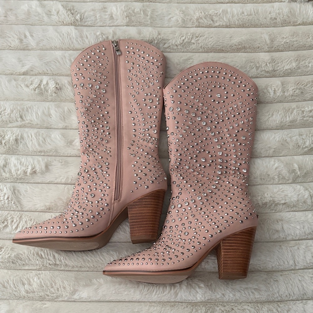 Elegant Pink Studded Heeled Boots